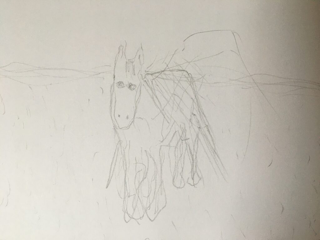 Een paard, getekend met mijn linkerhand